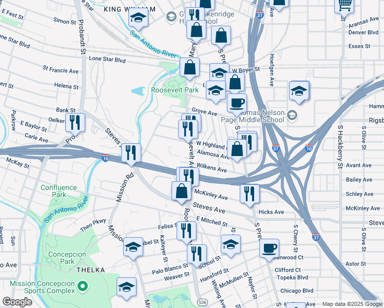 map of restaurants, bars, coffee shops, grocery stores, and more near 811 Roosevelt Avenue in San Antonio