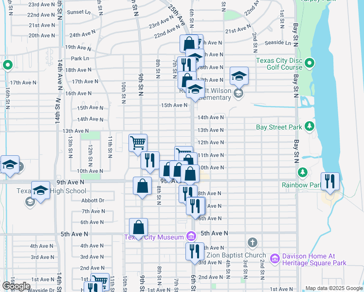 map of restaurants, bars, coffee shops, grocery stores, and more near 612 11th Avenue North in Texas City