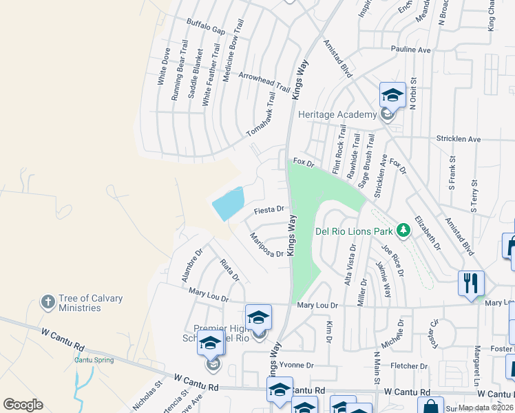 map of restaurants, bars, coffee shops, grocery stores, and more near 122 Fiesta Dr in Del Rio
