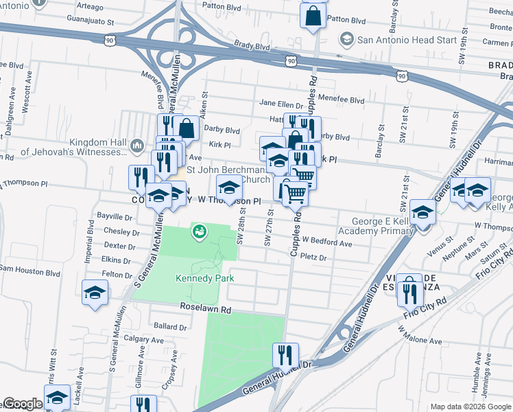 map of restaurants, bars, coffee shops, grocery stores, and more near 507 West Academy Street in San Antonio
