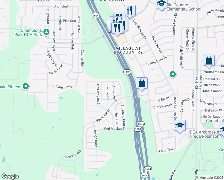 map of restaurants, bars, coffee shops, grocery stores, and more near 3451 Altius Pass in San Antonio
