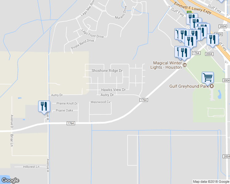 map of restaurants, bars, coffee shops, grocery stores, and more near 301 Hawks View Drive in La Marque