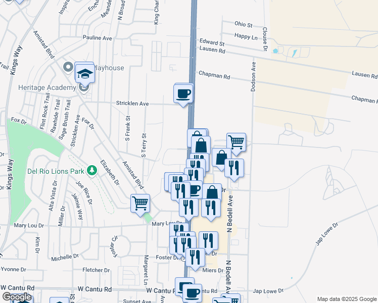 map of restaurants, bars, coffee shops, grocery stores, and more near 2450 Veterans Boulevard in Del Rio