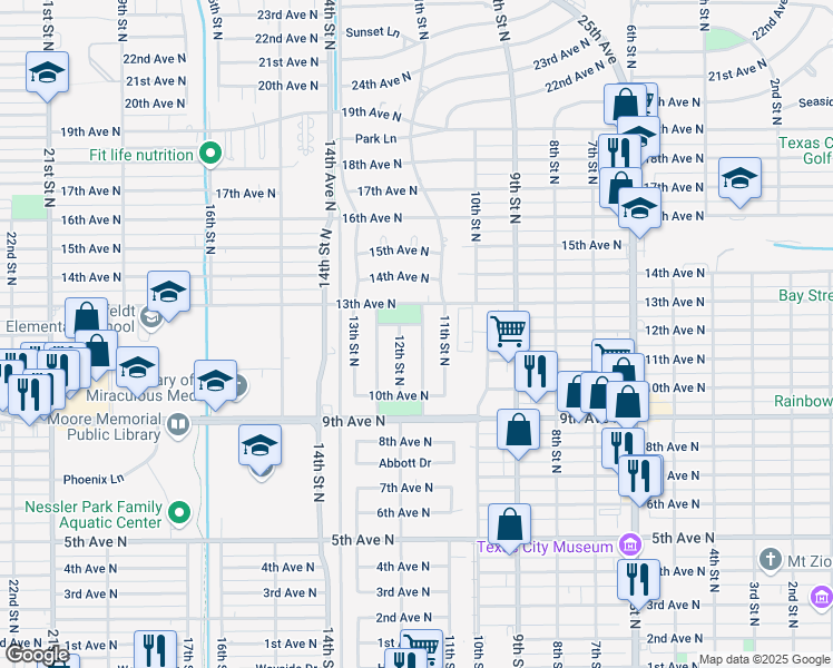 map of restaurants, bars, coffee shops, grocery stores, and more near 1103 11 1/2 Street in Texas City