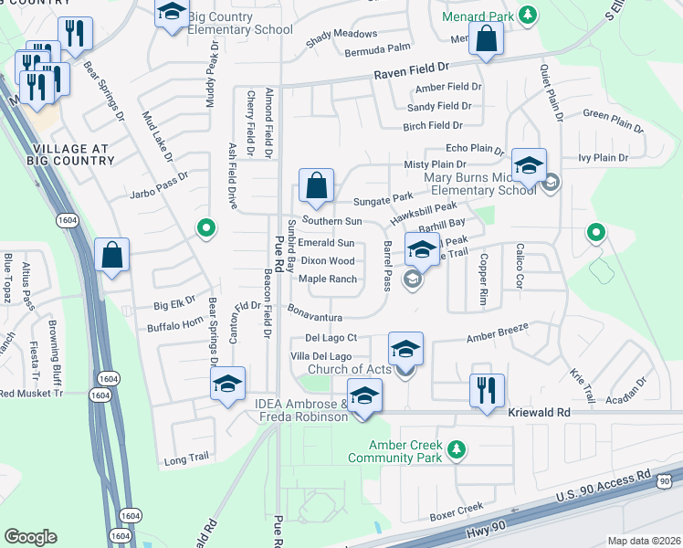 map of restaurants, bars, coffee shops, grocery stores, and more near 10119 Fossil Valley in San Antonio