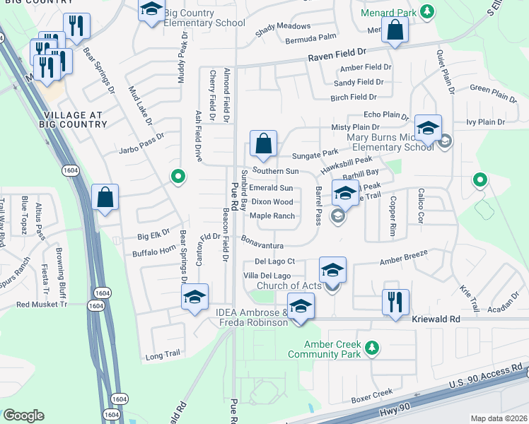 map of restaurants, bars, coffee shops, grocery stores, and more near 10227 Fossil Valley in San Antonio