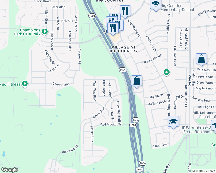 map of restaurants, bars, coffee shops, grocery stores, and more near 3451 Altius Pass in San Antonio