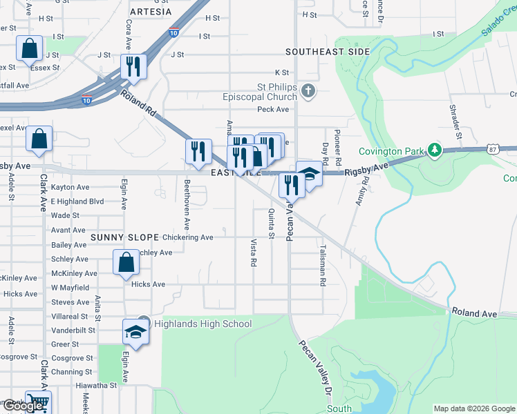 map of restaurants, bars, coffee shops, grocery stores, and more near 121 Quinta Street in San Antonio