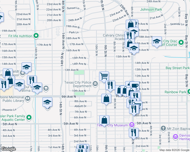 map of restaurants, bars, coffee shops, grocery stores, and more near 1206 11th Street North in Texas City