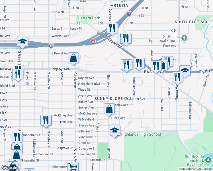 map of restaurants, bars, coffee shops, grocery stores, and more near 1536 Kayton Avenue in San Antonio