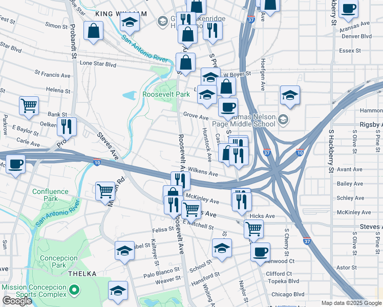map of restaurants, bars, coffee shops, grocery stores, and more near 407 West Highland Boulevard in San Antonio