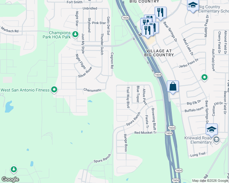 map of restaurants, bars, coffee shops, grocery stores, and more near 3206 Sunday Song in San Antonio
