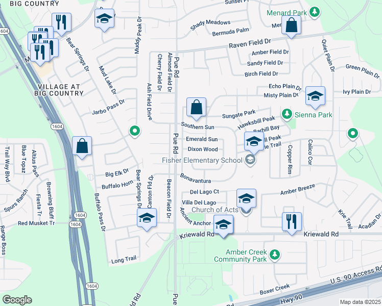 map of restaurants, bars, coffee shops, grocery stores, and more near 10227 Dixon Wood in San Antonio