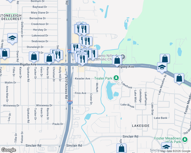 map of restaurants, bars, coffee shops, grocery stores, and more near 5334 Natho Street in San Antonio
