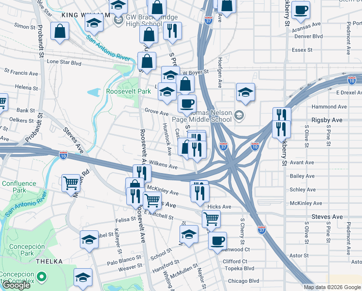 map of restaurants, bars, coffee shops, grocery stores, and more near 100 Baity Court in San Antonio
