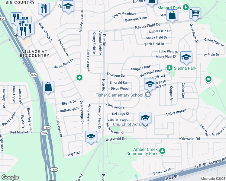 map of restaurants, bars, coffee shops, grocery stores, and more near 10227 Dixon Wood in San Antonio