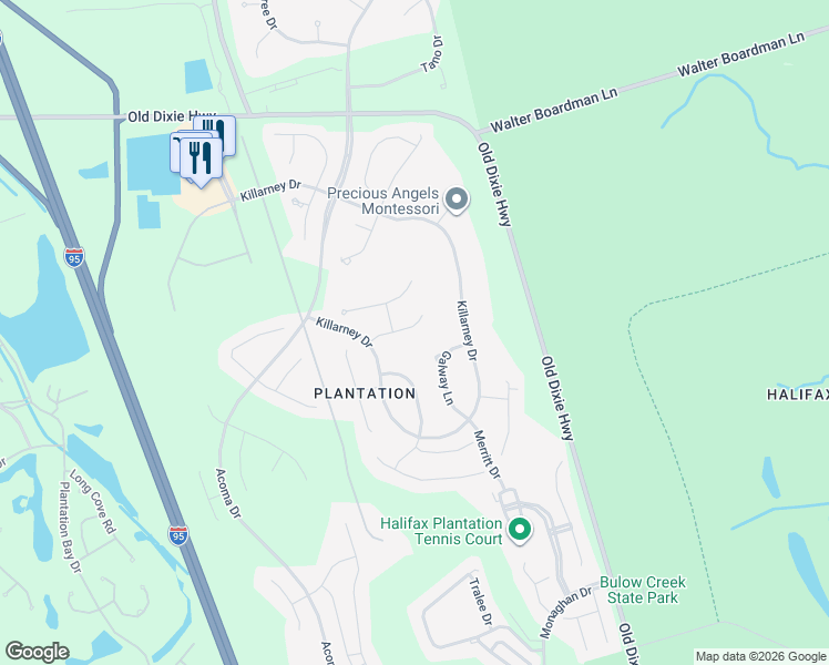 map of restaurants, bars, coffee shops, grocery stores, and more near 1216 Londonderry Circle in Ormond Beach