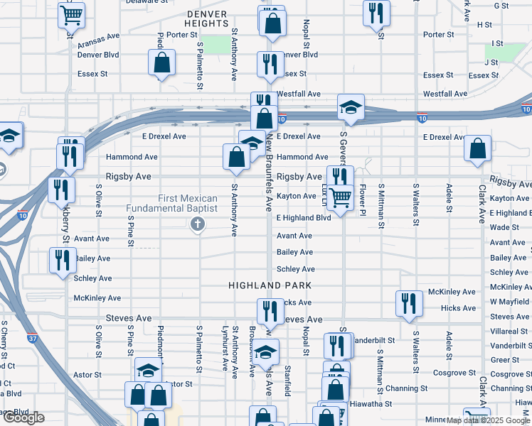 map of restaurants, bars, coffee shops, grocery stores, and more near 1047 East Highland Boulevard in San Antonio