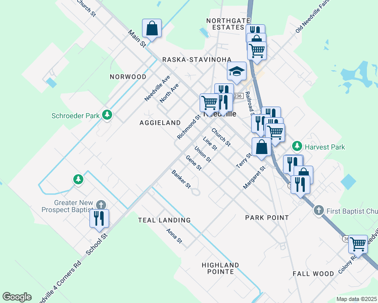 map of restaurants, bars, coffee shops, grocery stores, and more near 3426 School Street in Needville