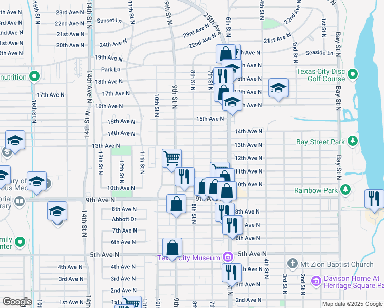 map of restaurants, bars, coffee shops, grocery stores, and more near 821 13th Avenue North in Texas City