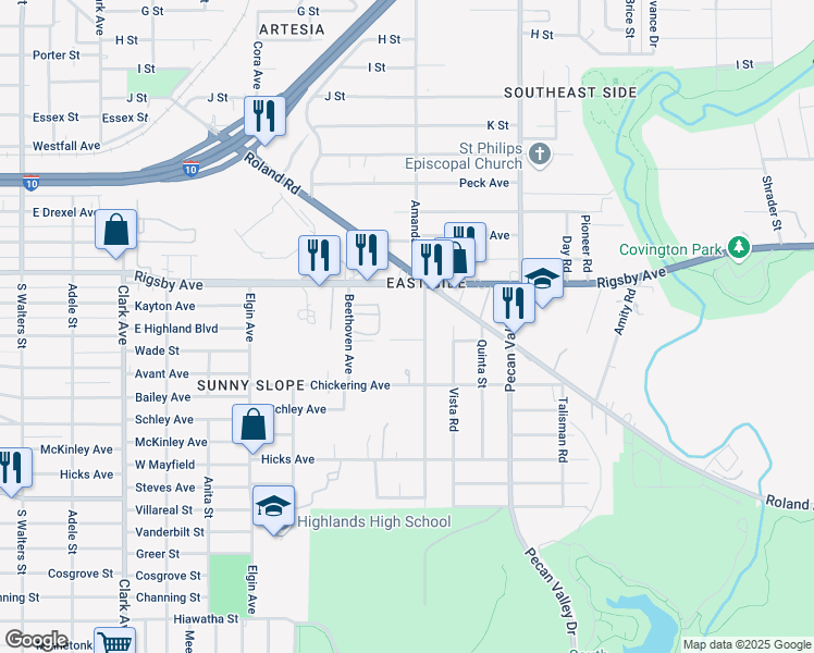 map of restaurants, bars, coffee shops, grocery stores, and more near 1623 Amanda Street in San Antonio
