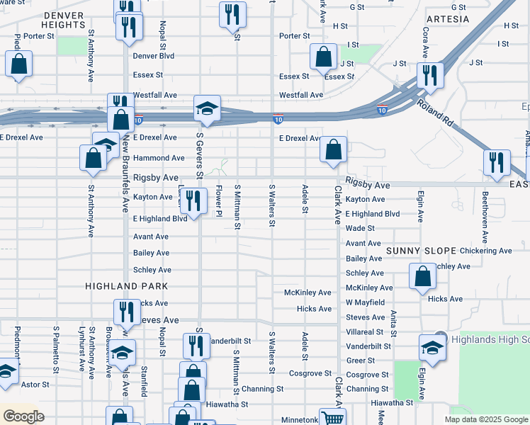 map of restaurants, bars, coffee shops, grocery stores, and more near 1042 Kayton Avenue in San Antonio