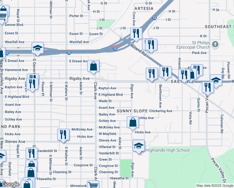 map of restaurants, bars, coffee shops, grocery stores, and more near 1829 East Highland Boulevard in San Antonio
