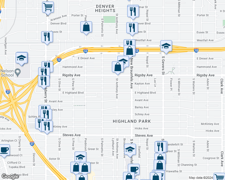 map of restaurants, bars, coffee shops, grocery stores, and more near 935 East Highland Boulevard in San Antonio