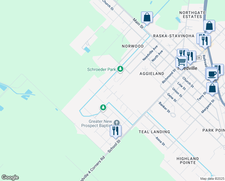 map of restaurants, bars, coffee shops, grocery stores, and more near 8421 West 1st Street in Needville
