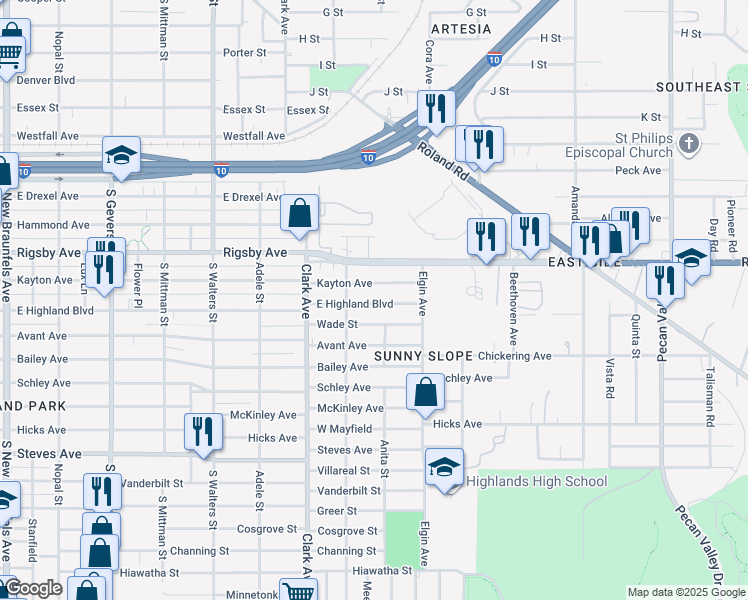 map of restaurants, bars, coffee shops, grocery stores, and more near 1440 Kayton Avenue in San Antonio