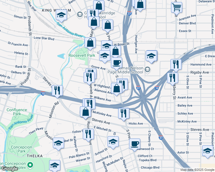 map of restaurants, bars, coffee shops, grocery stores, and more near 617 Hunstock Avenue in San Antonio