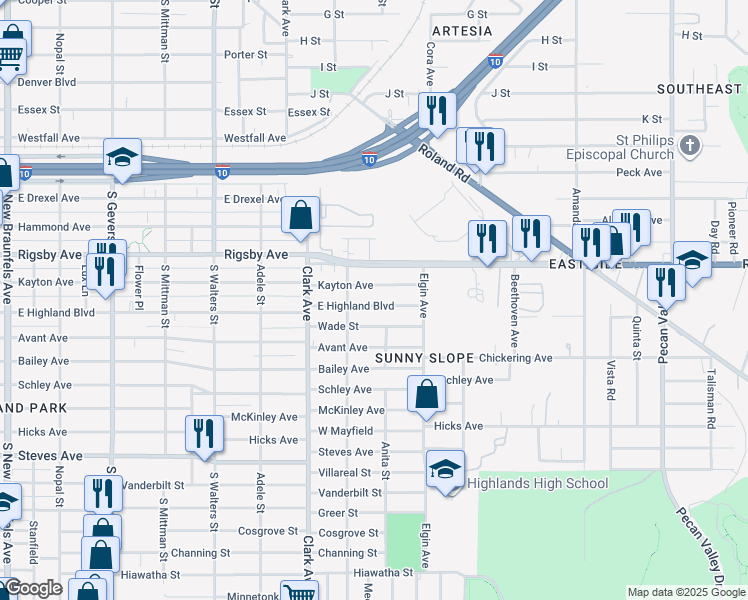 map of restaurants, bars, coffee shops, grocery stores, and more near 1440 Kayton Avenue in San Antonio