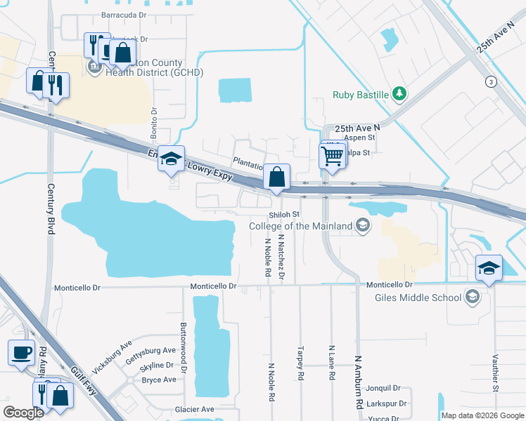 map of restaurants, bars, coffee shops, grocery stores, and more near 8601 Emmett F Lowry Expressway in Texas City