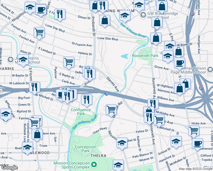 map of restaurants, bars, coffee shops, grocery stores, and more near 532 Steves Avenue in San Antonio