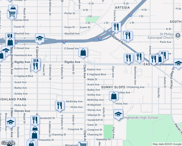map of restaurants, bars, coffee shops, grocery stores, and more near 1306 Kayton Avenue in San Antonio
