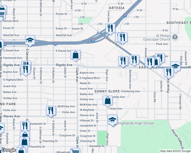 map of restaurants, bars, coffee shops, grocery stores, and more near 1440 Kayton Avenue in San Antonio