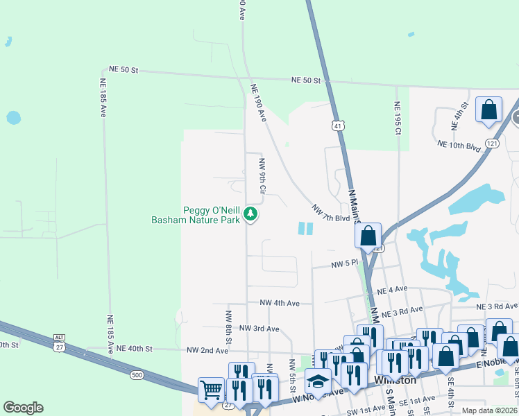 map of restaurants, bars, coffee shops, grocery stores, and more near 605 Northwest 9th Circle in Williston