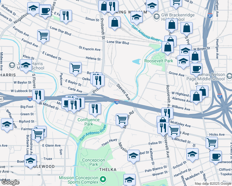 map of restaurants, bars, coffee shops, grocery stores, and more near 532 Steves Avenue in San Antonio