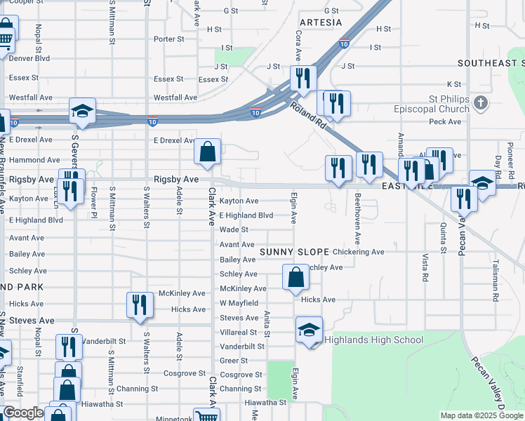 map of restaurants, bars, coffee shops, grocery stores, and more near 1440 Kayton Avenue in San Antonio