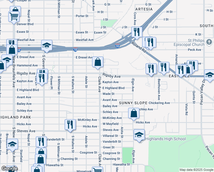map of restaurants, bars, coffee shops, grocery stores, and more near 1306 Kayton Avenue in San Antonio