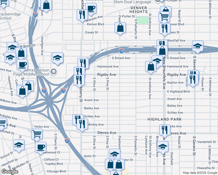 map of restaurants, bars, coffee shops, grocery stores, and more near 310 Kayton Avenue in San Antonio
