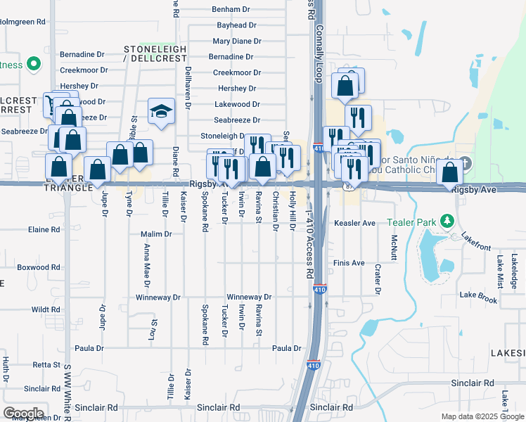 map of restaurants, bars, coffee shops, grocery stores, and more near 2434 Ravina Street in San Antonio