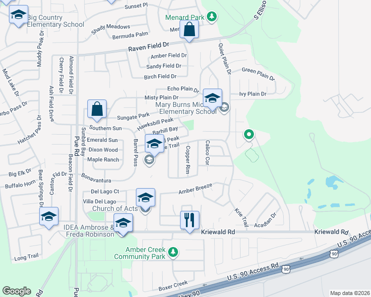 map of restaurants, bars, coffee shops, grocery stores, and more near 3403 Palmetto Pass in San Antonio
