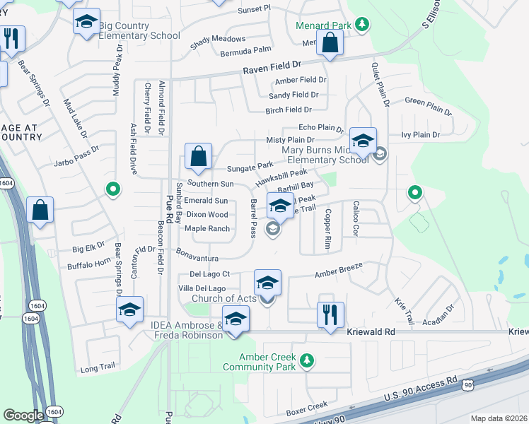 map of restaurants, bars, coffee shops, grocery stores, and more near 10010 Carswell Peak in San Antonio