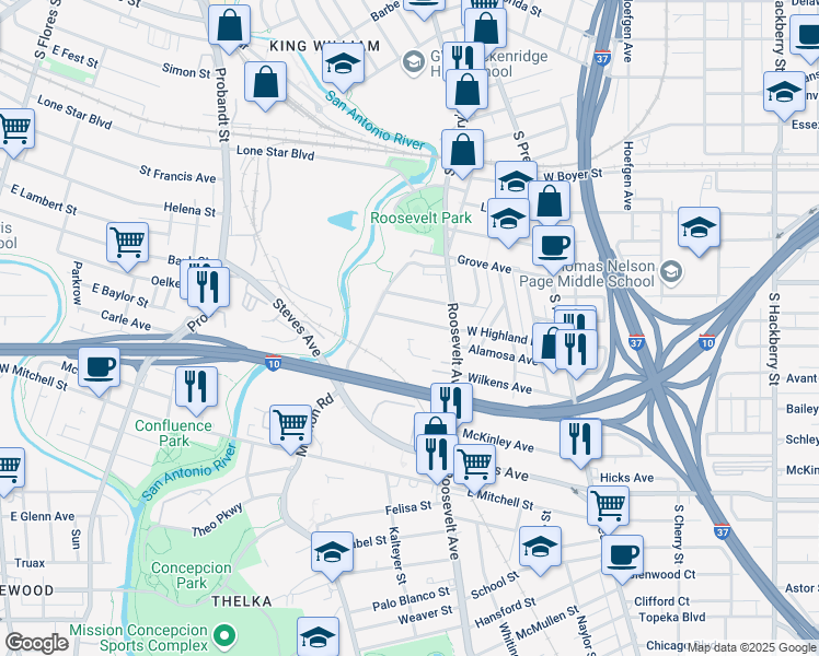 map of restaurants, bars, coffee shops, grocery stores, and more near 564 West Highland Boulevard in San Antonio