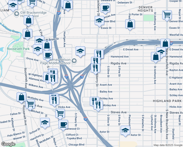map of restaurants, bars, coffee shops, grocery stores, and more near 426 Dunning Avenue in San Antonio