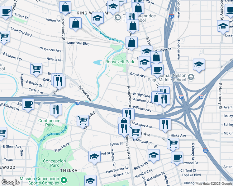 map of restaurants, bars, coffee shops, grocery stores, and more near 564 West Highland Boulevard in San Antonio