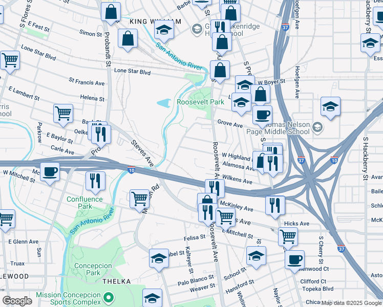 map of restaurants, bars, coffee shops, grocery stores, and more near 564 West Highland Boulevard in San Antonio