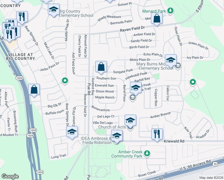 map of restaurants, bars, coffee shops, grocery stores, and more near 10131 Dixon Wood in San Antonio