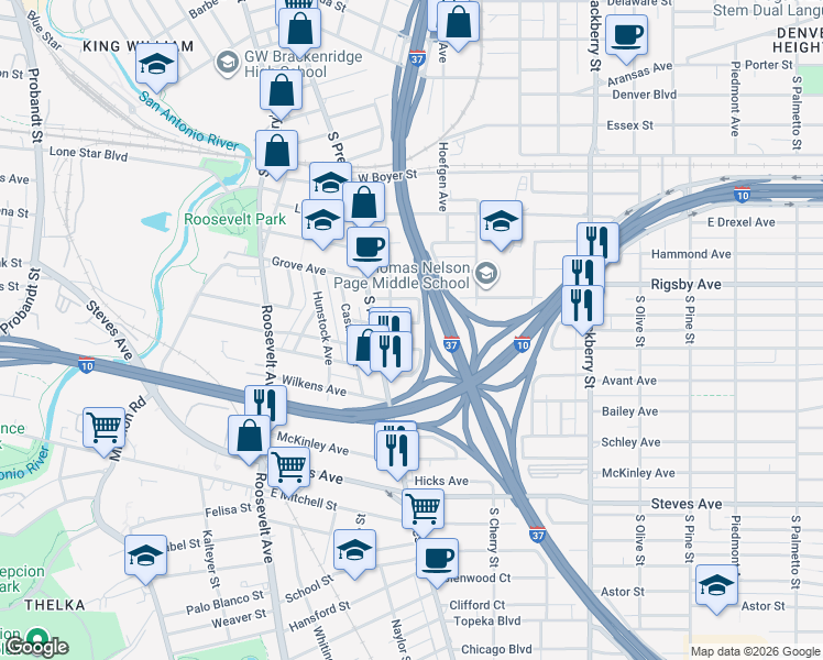 map of restaurants, bars, coffee shops, grocery stores, and more near 134 Dunning Avenue in San Antonio